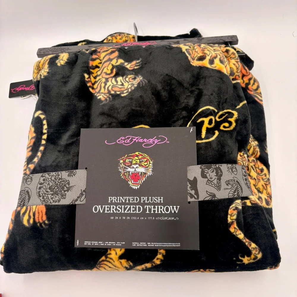 Ed Hardy Tiger‎ Print Plush Oversized Throw Blanket Black Orange 60x70 New